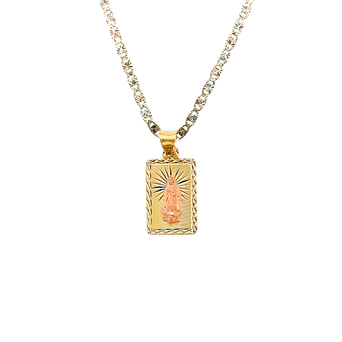 14k Gold Virgin Mary Necklace - Diamond Cut Rectangle Virgin Mary Gold Pendant - Solid Chain - LE2900