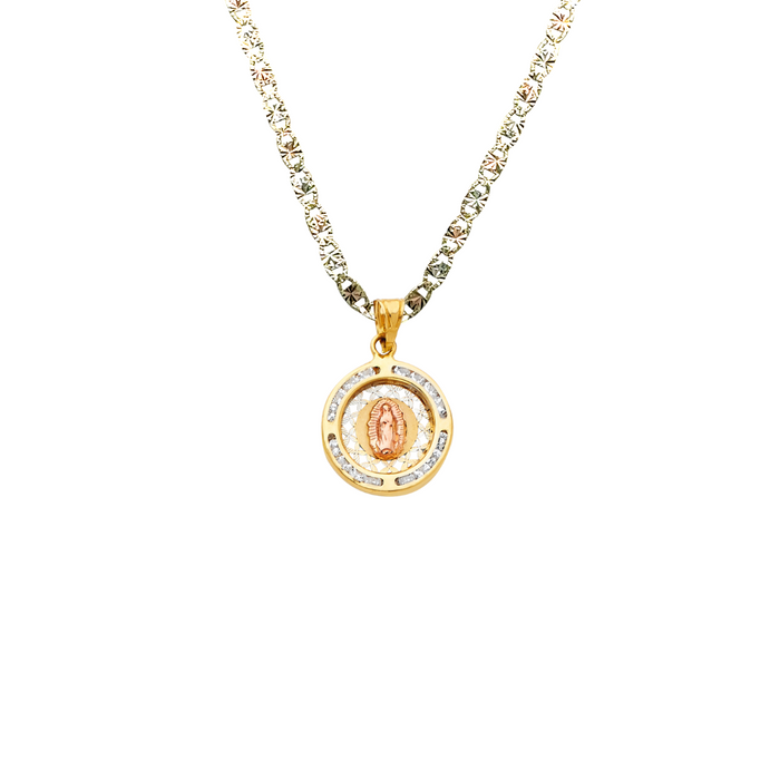 14k Gold Virgin Mary Necklace - Two Tone Gemstone Virgin Mary Gold Pendant - Solid Chain - LE1311