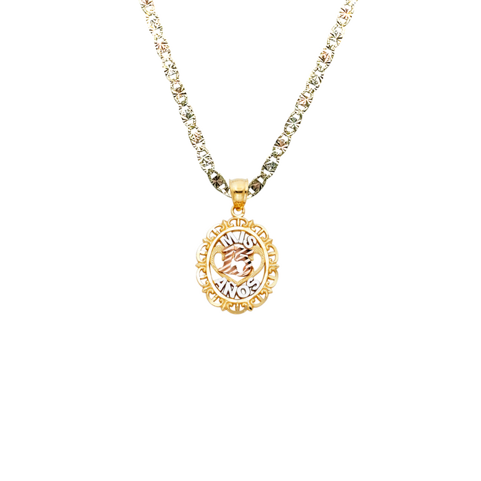 14k Quince Gold Necklace - Tri Tone Oval Mis 15 Años Gold Pendant - Solid Chain - LE1882