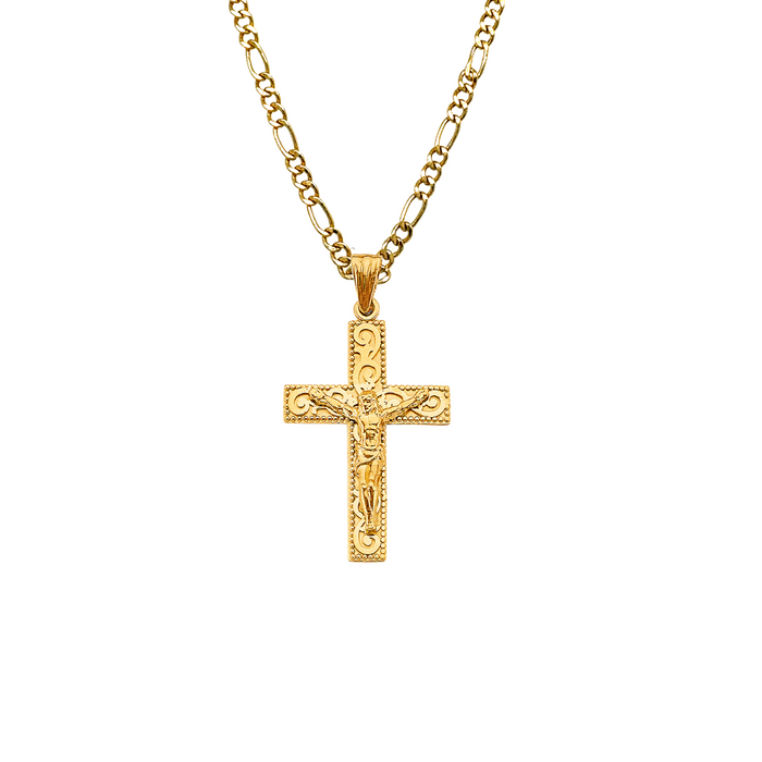 14k Gold Cross Necklace - Fancy Design Gold Cross - Solid Chain - LE2922