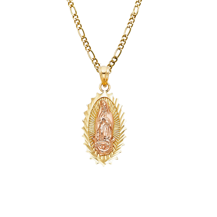 14k Gold Virgin Mary Necklace - Diamond Cut Oval Virgin Mary Gold Pendant - Solid Chain - LE1085