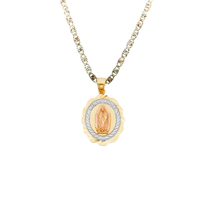 14k Quince Gold Necklace - Tri Tone Virgin Mary Mis 15 Años Gold Pendant - Solid Chain - LE1899