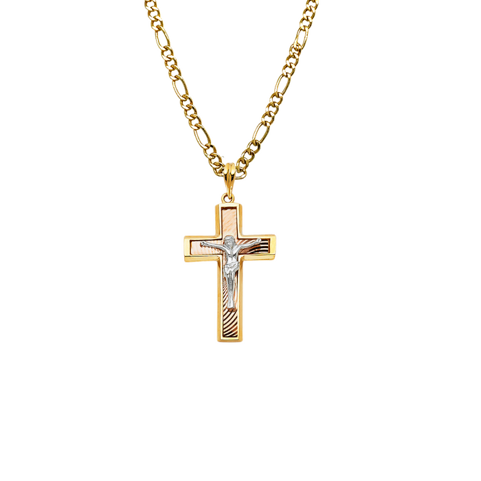 14k Gold Cross Necklace - Two Tone Gold Crucifix - Solid Figaro Chain - LE0864