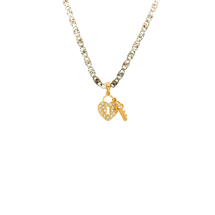 14k Gold Heart Necklace - Gemstone Key Heart Gold Pendant - Solid Chain - LE0551