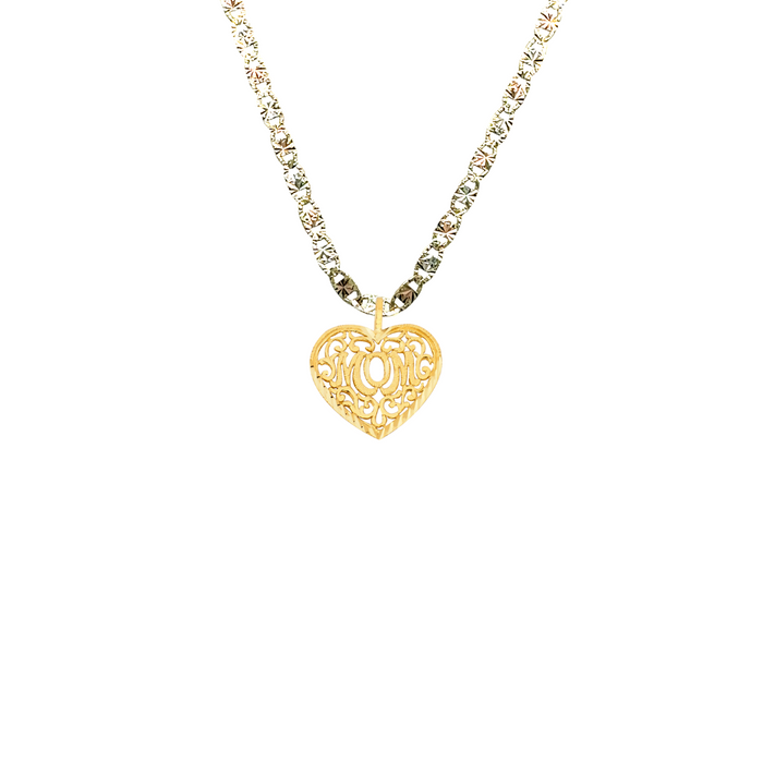 14k Gold Mom Necklace - Fancy Mom Heart Gold Pendant - Solid Chain - LE1831