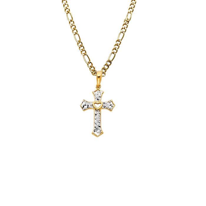 14k Gold Cross Necklace - Two Tone Heart Gold Cross - Solid Chain - LE0761