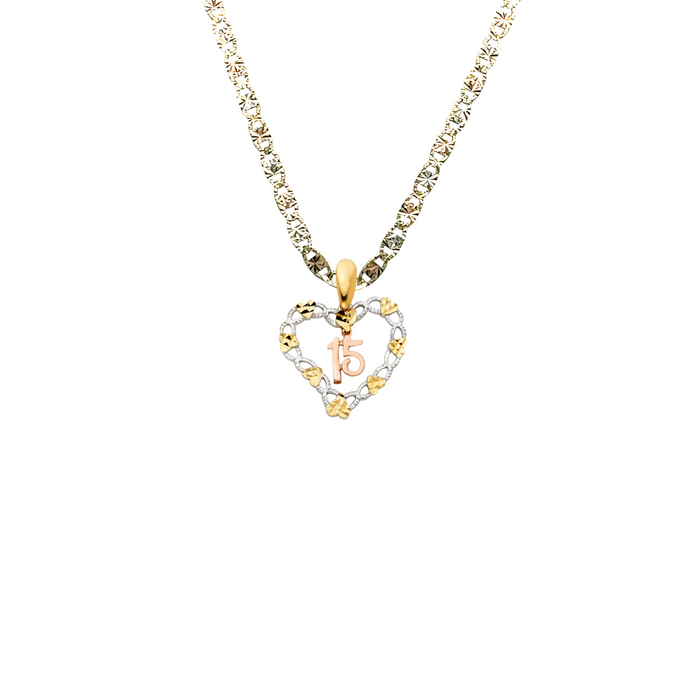 14k Quince Gold Necklace - Tri Tone Heart 15 Gold Pendant - Solid Chain - LE1876