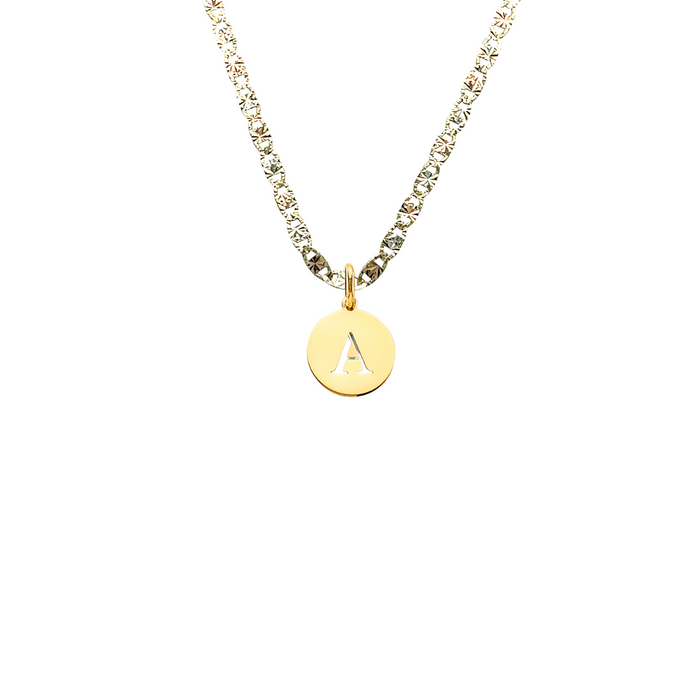 14k Gold Initial Necklace - High Polish Stamped Initial Gold Pendant - Solid Valentino Chain - LE3244VC
