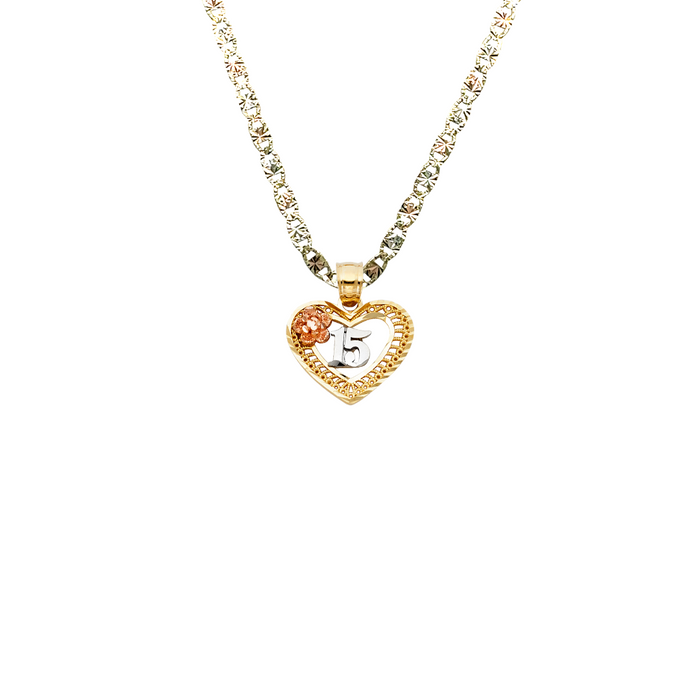 14k Quince Gold Necklace - Tri Tone Flower Heart 15 Gold Pendant - Solid Chain - LE0361