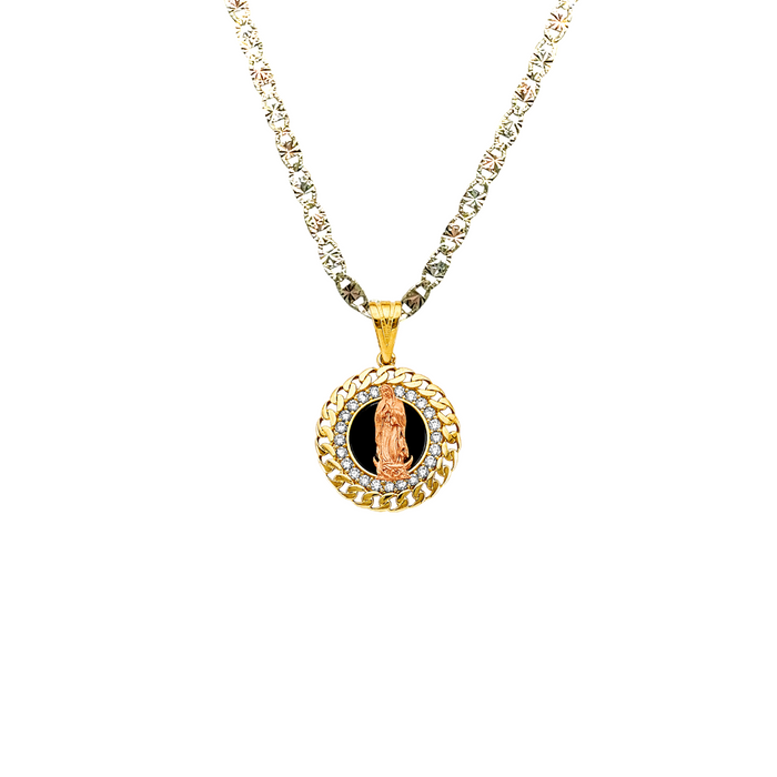 14k Gold Virgin Mary Necklace - Cuban Link Gemstone Bezel Virgin Mary Gold Pendant - Solid Chain - LE2815
