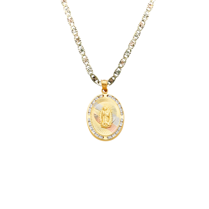 14k Gold Virgin Mary Necklace - Tri Tone Oval Gemstone Virgin Mary Gold Pendant - Solid Chain - LE1306