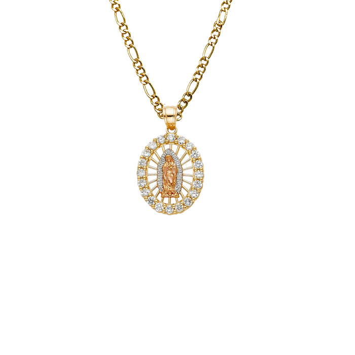 14k Gold Virgin Mary Necklace - Oval Gemstone Virgin Mary Gold Pendant - Solid Chain - LE0389