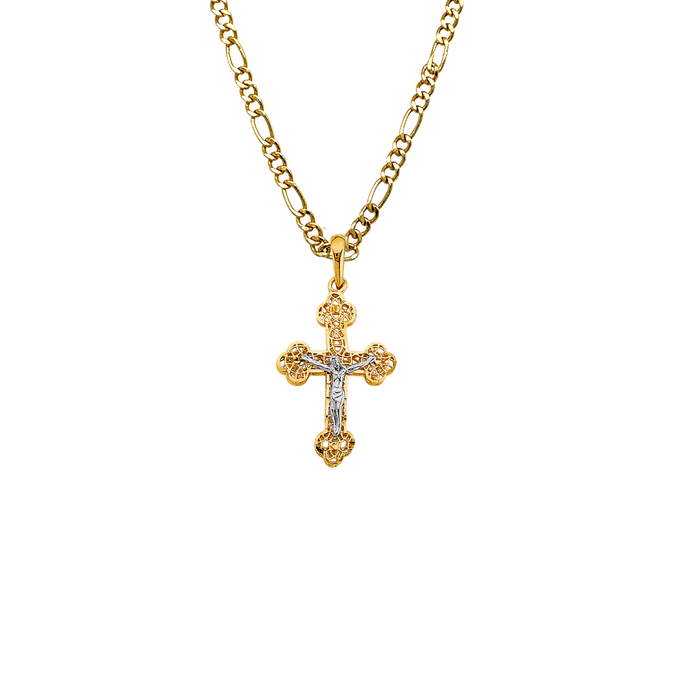 14k Gold Cross Necklace - Two Tone Gold Crucifix - Solid Chain - LE2925