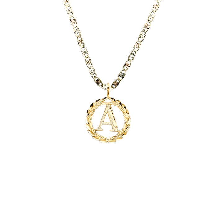14k Gold Initial Necklace - Diamond Cut Wreath Initial Gold Pendant - Solid Valentino Chain - LE2050VC