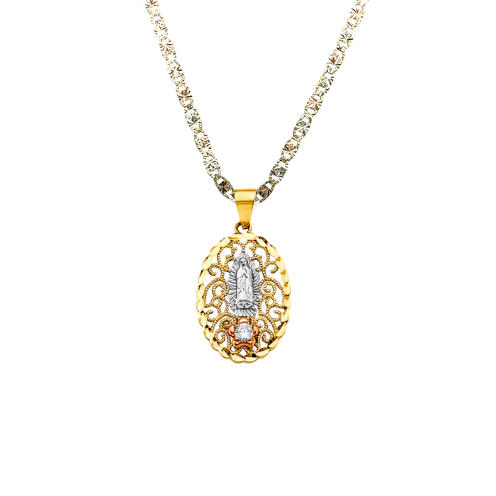 14k Gold Virgin Mary Necklace - Two Tone Filigrano Oval Gemstone Virgin Mary Gold Pendant - Solid Chain - LE2810