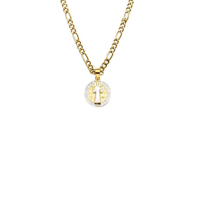 14k Gold Medalla San Benito - Two Tone Round San Benito Gold Pendant - Solid Chain - LE2265