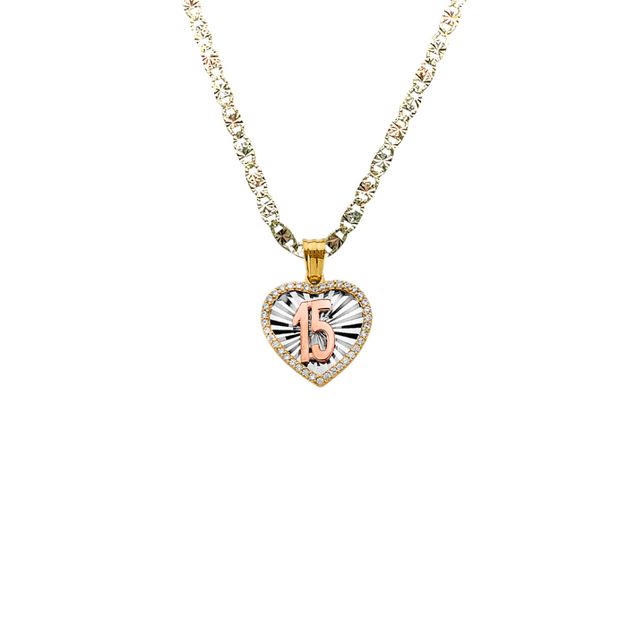 14k Quince Gold Necklace - Tri Tone Gemstone Heart 15 Gold Pendant - Solid Chain - LE2971