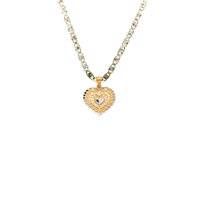 14k Gold Heart Necklace - Two Tone Filigrano Design Gold Heart Pendant - Solid Chain - LE0430