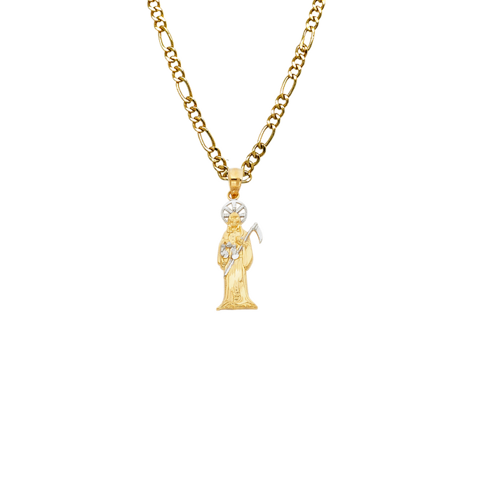14k Gold Santa Muerte Necklace - Two Tone Santa Muerte Gold Pendant - Solid Chain - LE0098