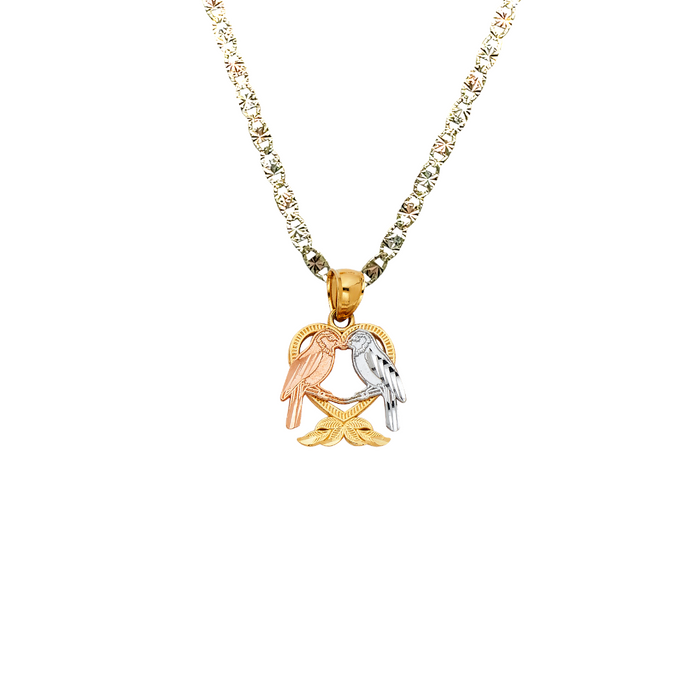 14k Gold Heart Necklace - Tri Tone Love Birds Gold Heart Pendant - Solid Chain - LE1949
