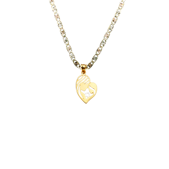 14k Gold Mom Necklace - Mother Daughter Heart Gold Pendant - Solid Chain - LE2384