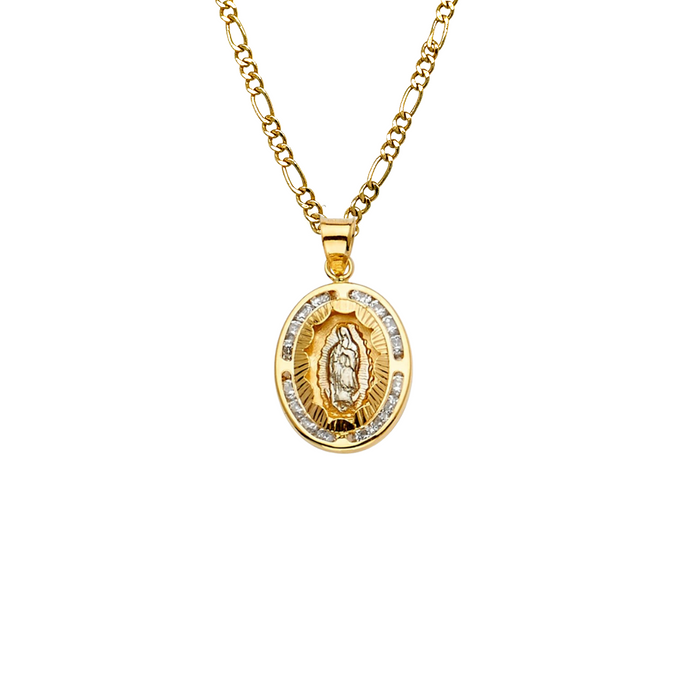14k Gold Virgin Mary Necklace - Oval Gemstone Virgin Mary Gold Pendant - Solid Chain - LE2307