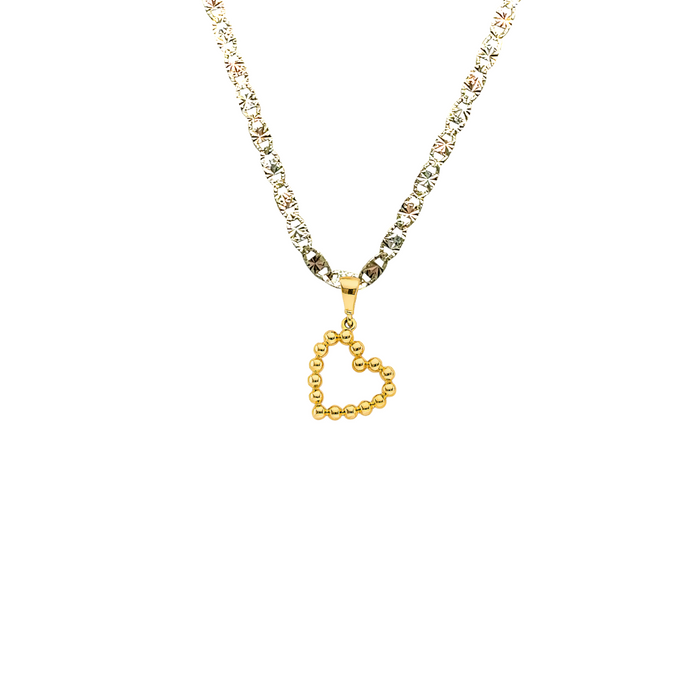 14k Gold Heart Necklace - Beaded Heart Gold Pendant - Solid Chain - LE3135