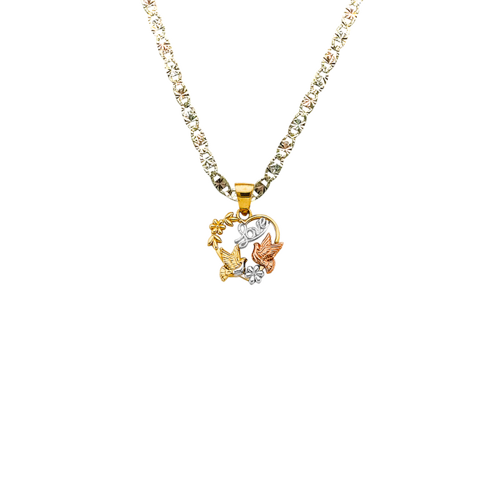 14k Gold Heart Necklace - Tri Tone Love Birds Gold Heart Pendant - Solid Chain - LE2644