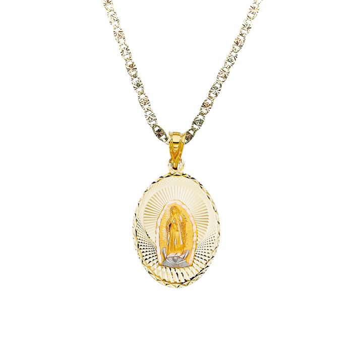 14k Gold Virgin Mary Necklace - Large Diamond Cut Oval Virgin Mary Gold Pendant - Solid Chain - LE0328