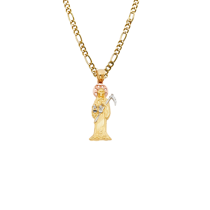 14k Gold Santa Muerte Necklace - Tri Tone Diamond Cut Santa Muerte Gold Pendant - Solid Chain - LE0097