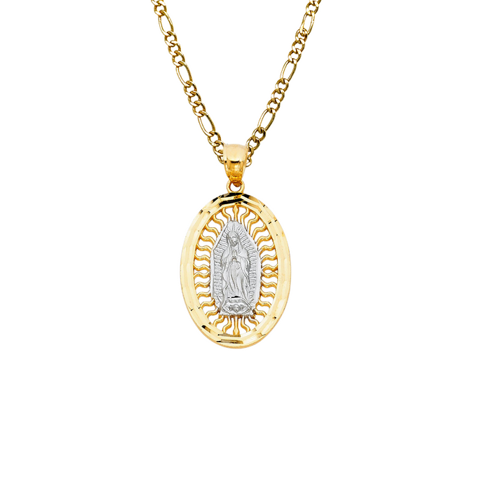 14k Gold Virgin Mary Necklace - Two Tone Radiant Oval Virgin Mary Gold Pendant - Solid Chain - LE1102