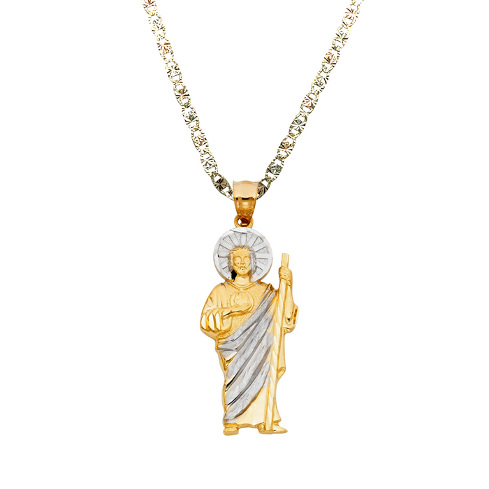 14k Gold San Judas Chain - Two Tone Diamond Cut San Judas Pendant - Solid Chain - LE1137