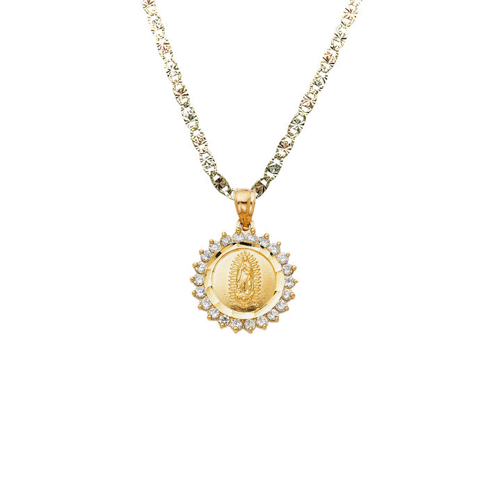 14k Gold Virgin Mary Necklace - Gemstone Bezel Virgin Mary Gold Pendant - Solid Chain - LE1377