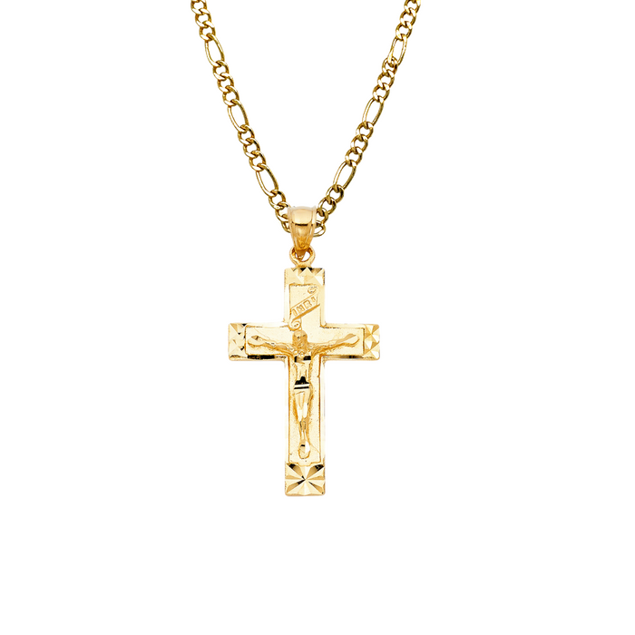 14k Gold Cross Necklace - Diamond Cut Edge Gold Cross - Solid Chain - LE0988