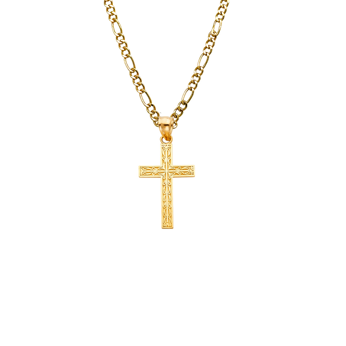 14k Gold Cross Necklace - Textured Gold Cross - Solid Chain - LE0135