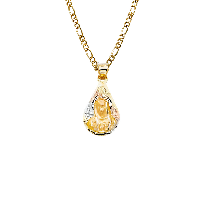 14k Gold Virgin Mary Necklace - Tri Color Diamond Cut Teardrop Virgin Mary Gold Pendant - Solid Chain - LE2082