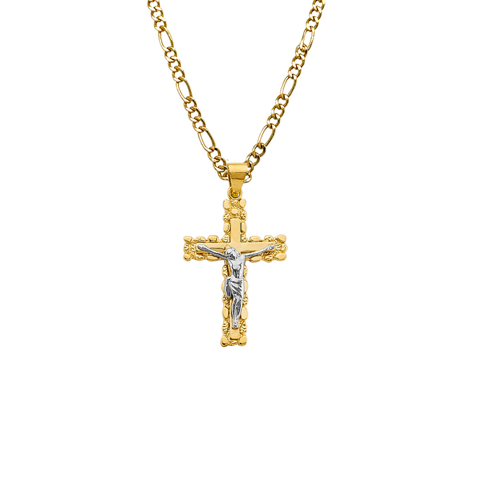 14k Gold Cross Necklace - Two Tone Nugget Edge Design Gold Crucifix - Solid Figaro Chain - LE2946