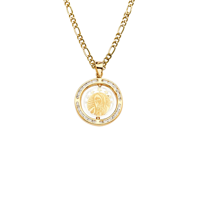 14k Gold Baptism Necklace - Two Tone Double Sided Gemstone Baptism Gold Pendant - Solid Chain - LE2323