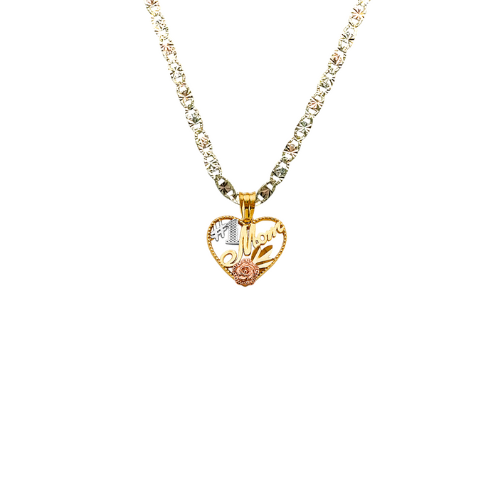 14k Gold Mom Necklace - #1 Mom Tri Tone Heart Gold Pendant - Solid Chain - LE2699