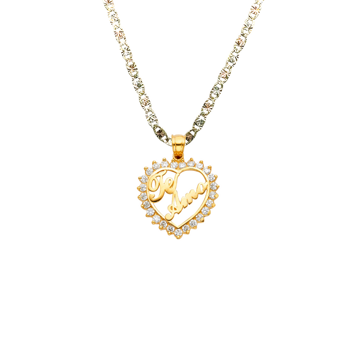 14k Gold Heart Necklace - Gemstone Te Amo Gold Heart Pendant - Solid Chain - LE1857