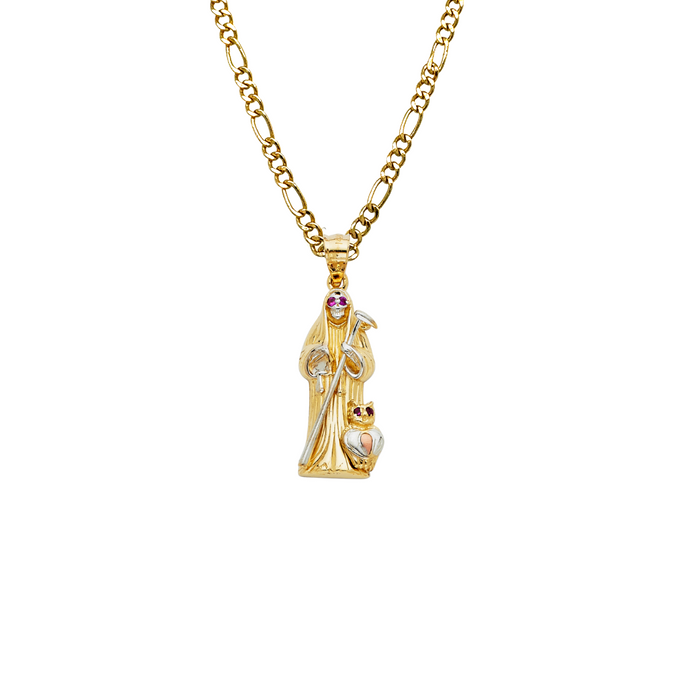 14k Gold Santa Muerte Necklace - Two Tone Gemstone Eyes Santa Muerte Gold Pendant - Solid Chain - LE2126