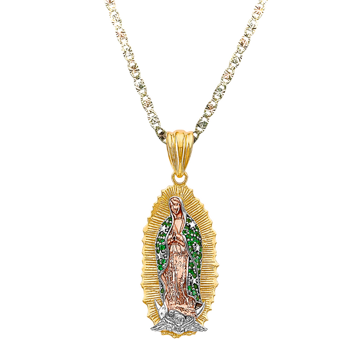 14k Gold Virgin Mary Necklace - Large Tri Tone Green Gemstone Virgin Mary Gold Pendant - Solid Chain - LE3183