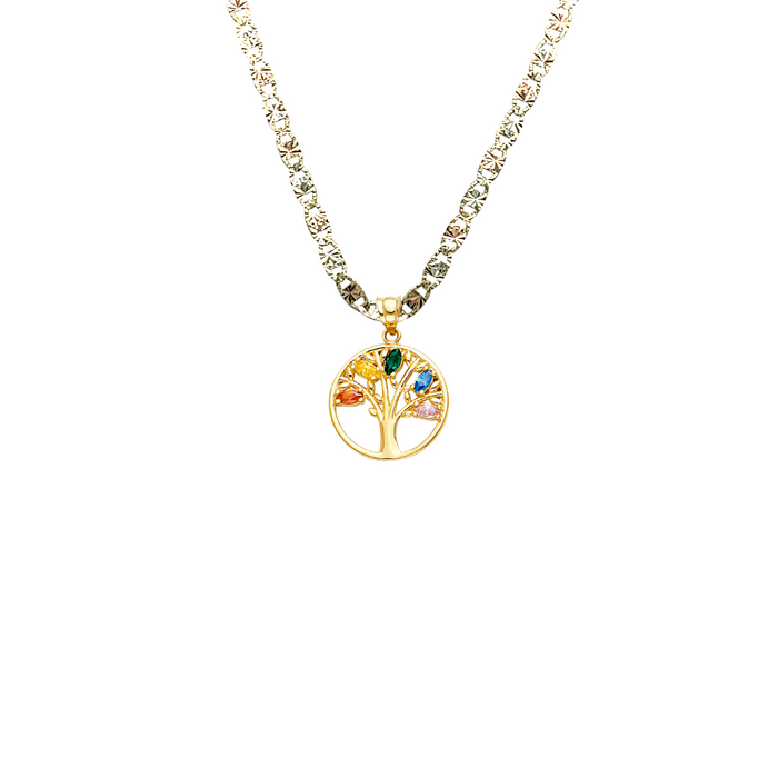 14k Gold Mom Necklace - Family Tree of Life Colored Gemstone Gold Pendant - Solid Chain - LE2541