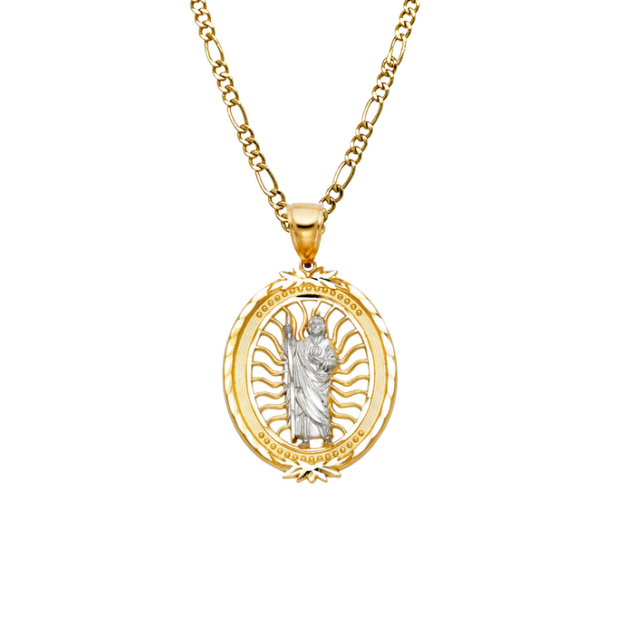 14k Gold San Judas Chain - Two Tone Oval San Judas Pendant - Solid Chain - LE1143
