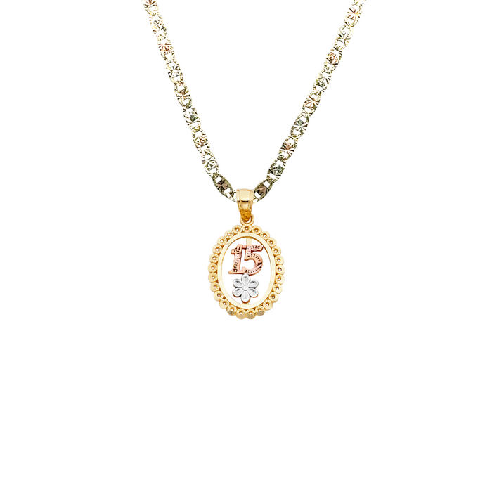 14k Quince Gold Necklace - Tri Tone Flower 15 Gold Pendant - Solid Chain - LE1904