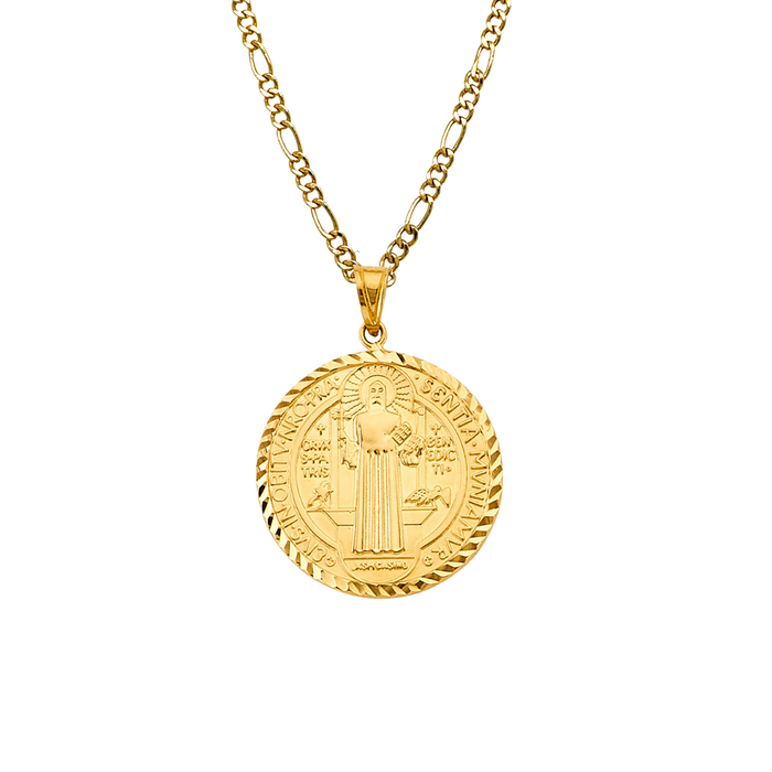14k Gold Medalla San Benito - Diamond Cut Hollow San Benito Gold Pendant - Solid Chain - LE2872