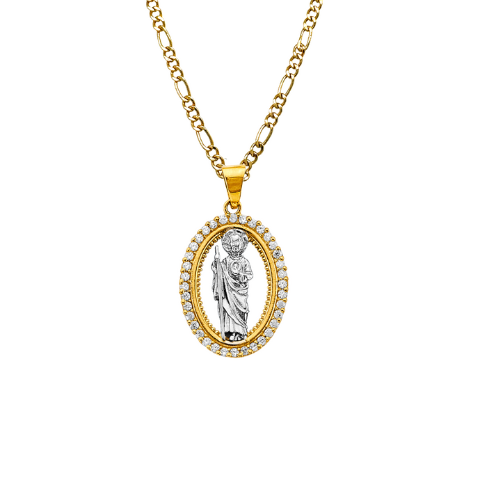 14k Gold San Judas Chain - Two Tone Oval Gemstone San Judas Pendant - Solid Chain - LE3075