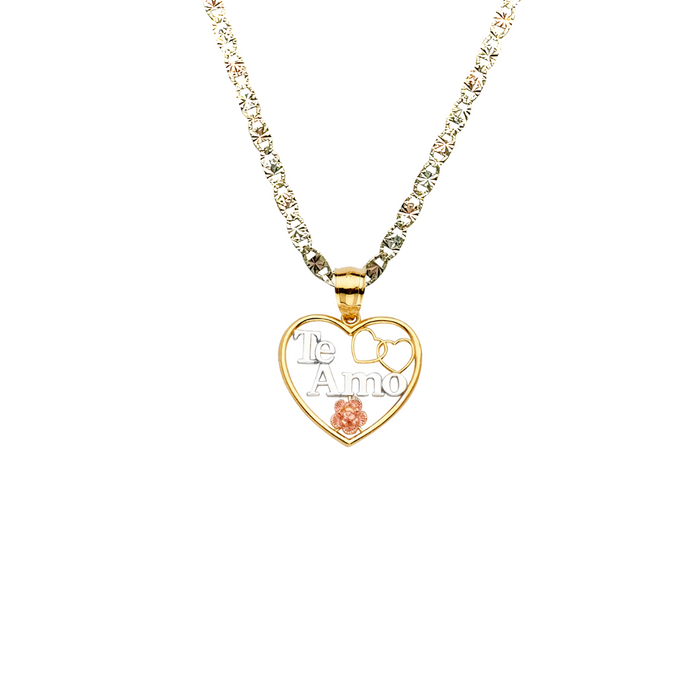 14k Gold Heart Necklace - Tri Tone Te Amo Flower Gold Heart Pendant - Solid Chain - LE2378