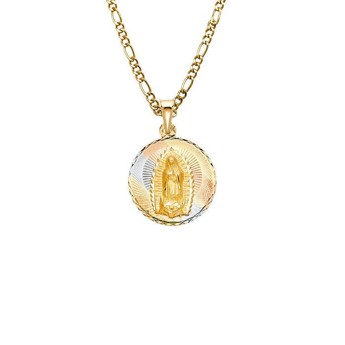 14k Gold Virgin Mary Necklace - Tri Tone Diamond Cut Virgin Mary Gold Pendant - Solid Chain - LE0291