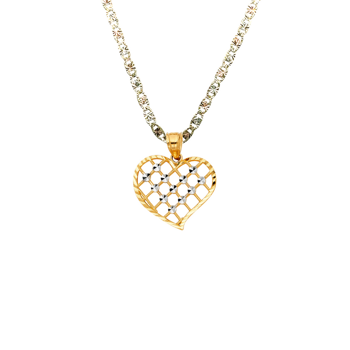14k Gold Heart Necklace - Two Tone Gold Heart Pendant - Solid Chain - LE0426
